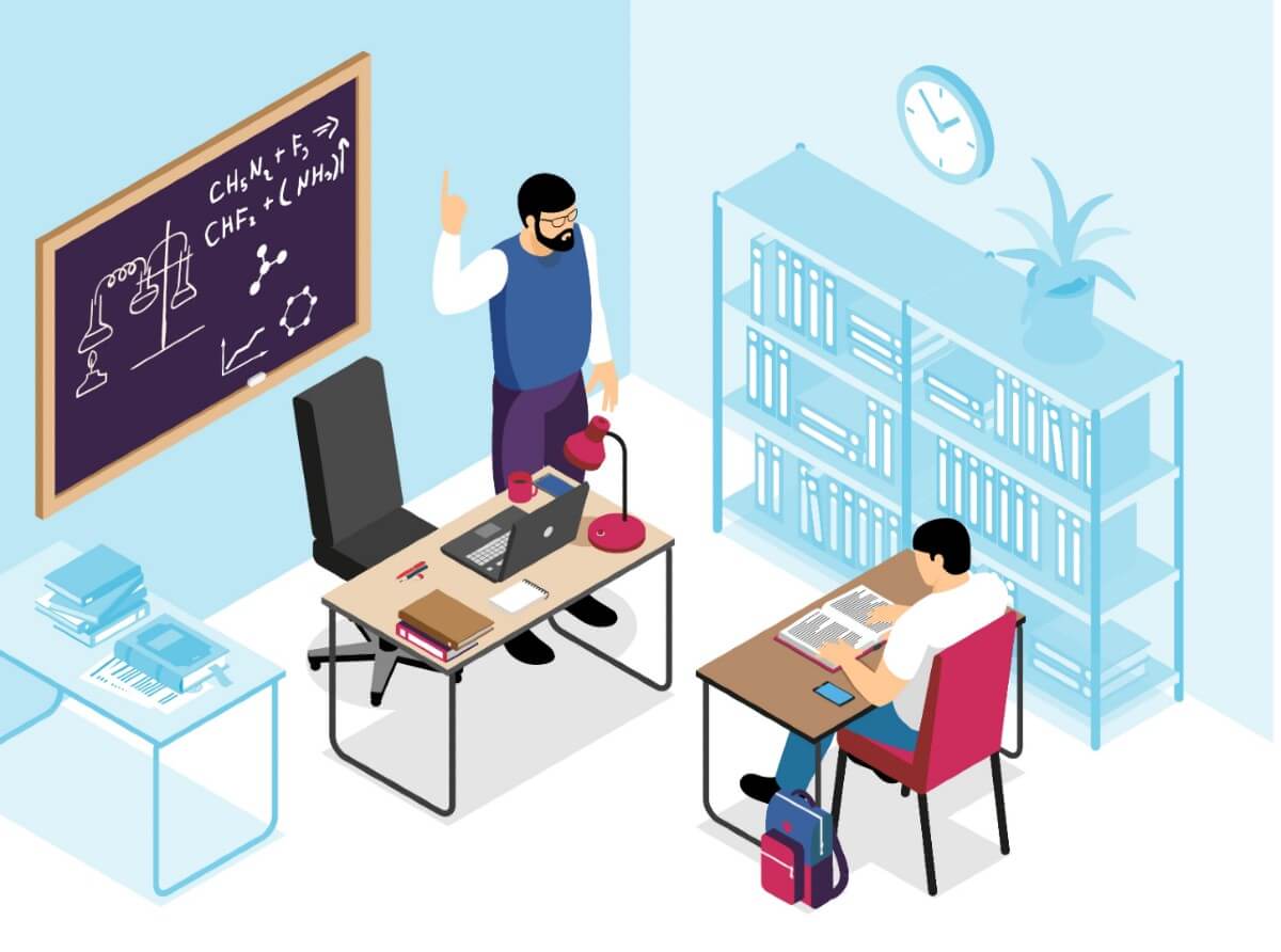 professor e aluno em uma aula virtual online