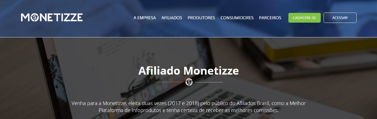 pagina inicial da plataforma monetizze para afiliados